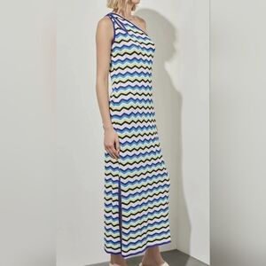 NWT MING WANG One Shoulder Cutout Column Maxi Dress Chevron Blue Knit Size L